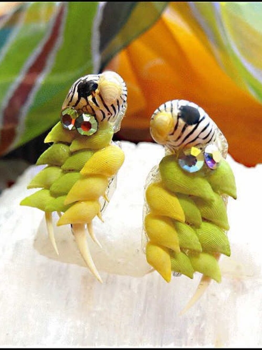 RARE 1960s Vintage Bird Earrings Parakeet Sea Shell Clips